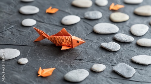 Chinese origami koi fish displayed on pebbled surface in tranquil setting vibrant colors and gold scales artistic expression from china photo