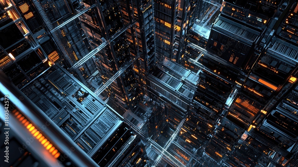 Futuristic abstract view of a complex data storage environment featuring glowing lights and intricate network designs Futuristic abstract view of a complex data storage environment featuring glowing lights and intricate network designs