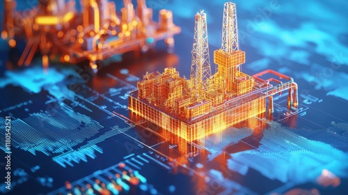 Innovative oil and gas platform model on digital circuit board background, representing energy industry's future and technology.