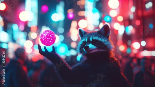 A raccoon, illuminated by vibrant neon city lights, holds a glowing orb, merging mystery and wonder in an urban nightscape. photo