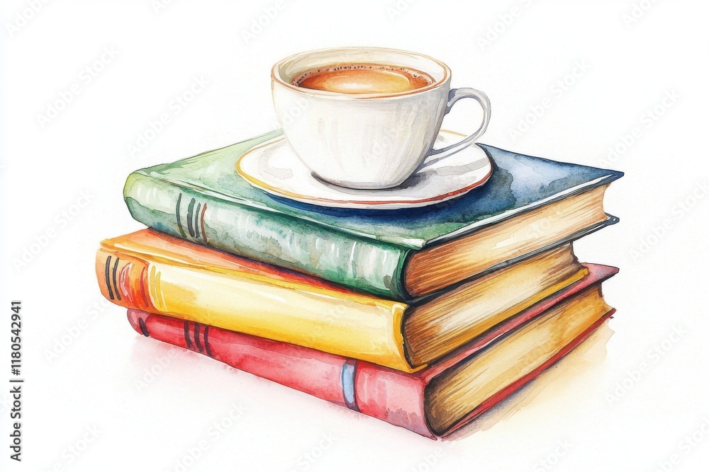 A cozy scene featuring a stack of colorful books with a cup of coffee resting on top, perfect for a relaxing reading moment. A cozy scene featuring a stack of colorful books with a cup of coffee resting on top, perfect for a relaxing reading moment.