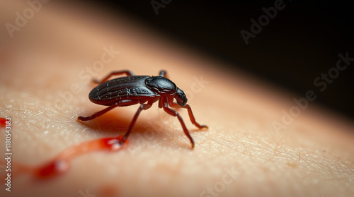 Close-up of a tick feeding on skin, blood visible. photo