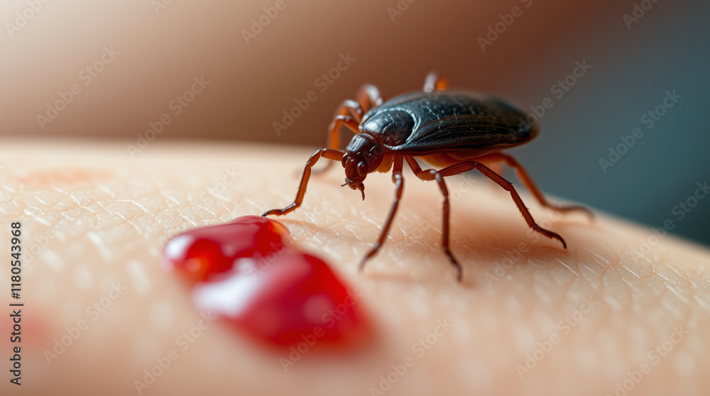 Close-up of a bug feeding on blood from a skin wound. A detailed view of the insect and the blood. Close-up of a bug feeding on blood from a skin wound. A detailed view of the insect and the blood.