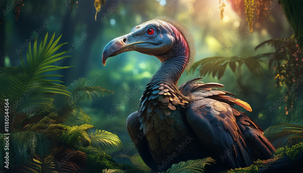 Obraz premium Realistic photo of Dodo bird in the jungle, magical background