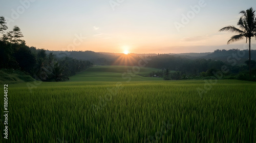 Serene Sunrise Over Lush Green Rice Fields in Bali with Golden Sun Rays and Tropical Trees