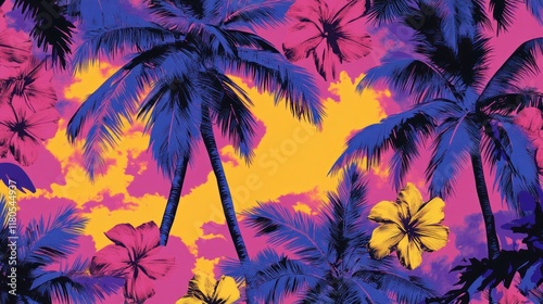 Vibrant stylized palm trees and hibiscus flowers against a sunset sky.