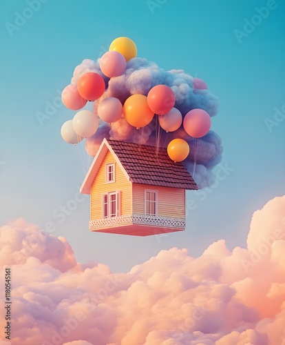 minimalistic house flying with balloons in the sky