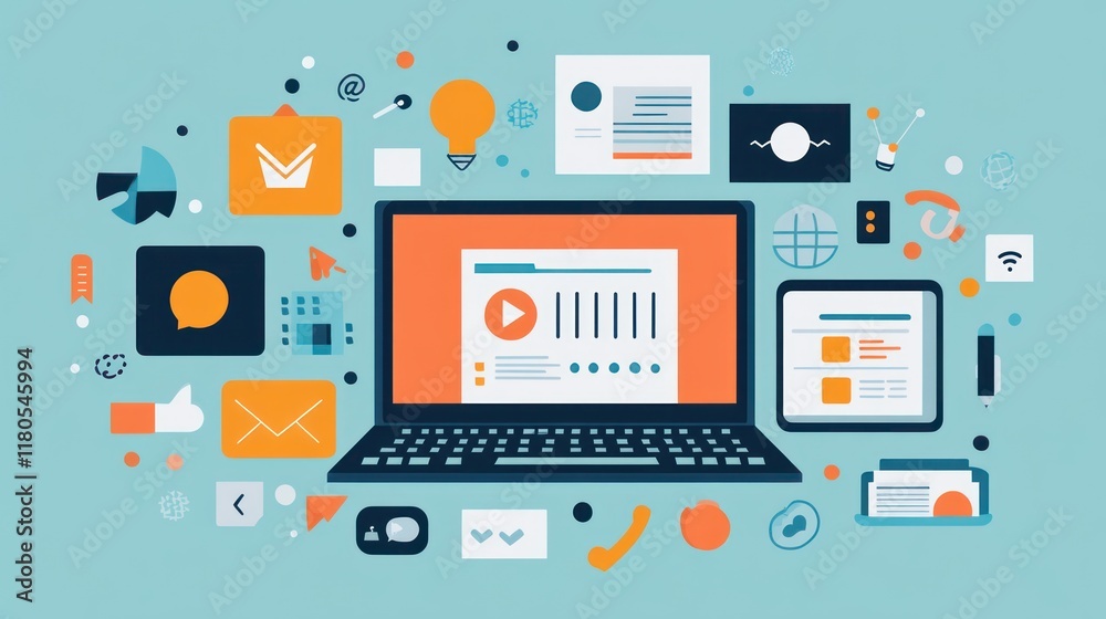 Laptop displaying video content, surrounded by digital marketing icons. Laptop displaying video content, surrounded by digital marketing icons.