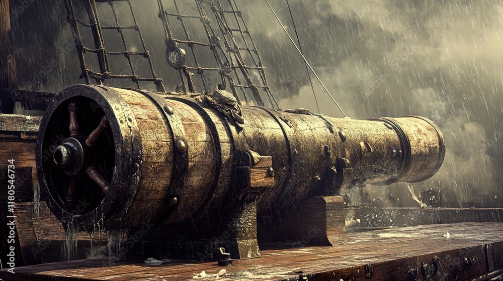 A weathered ship's cannon during a fierce storm at sea
