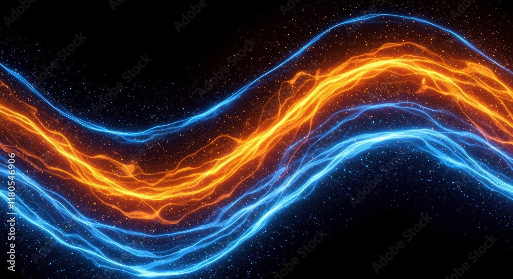 Fototapeta premium Abstract Energy Flow: A mesmerizing digital rendering of swirling, vibrant blue and orange energy streams, creating an ethereal and dynamic pattern against a black background.