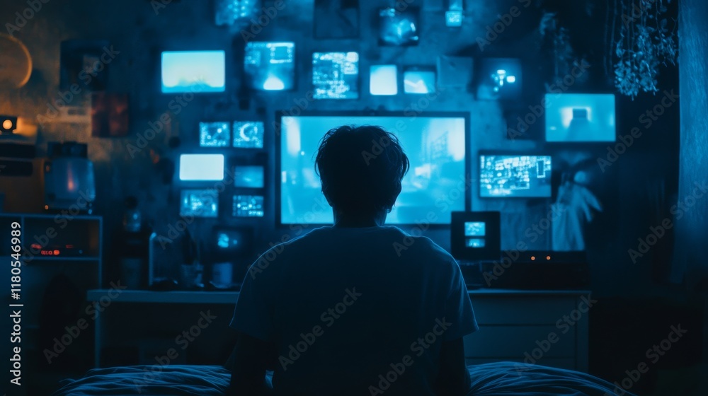 A person watching multiple screens in a dark room, highlighting a captivating, immersive experience or tech obsession. A person watching multiple screens in a dark room, highlighting a captivating, immersive experience or tech obsession.