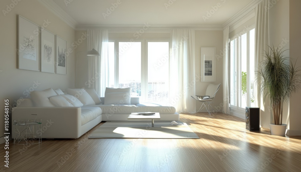 Fototapeta premium Modern White Living Room Interior Design Sunlit Apartment Minimalist Decor