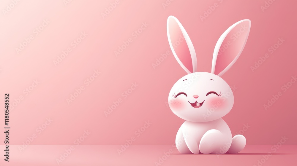 Fototapeta premium Cute happy bunny sitting on pink background.