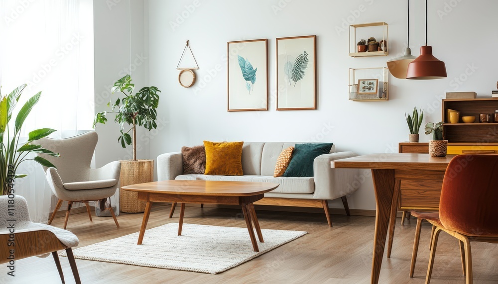 Fototapeta premium Modern Living Room Interior Design Mid Century Modern Furniture Plants Decor