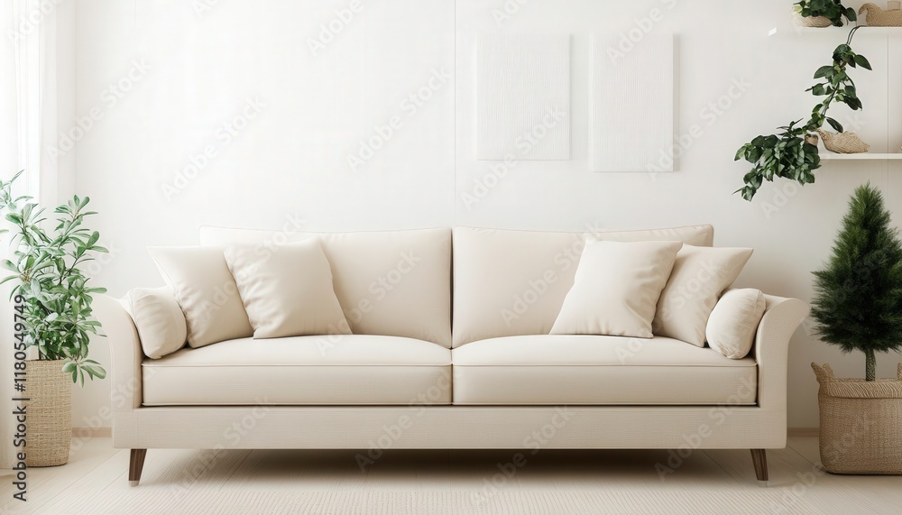 Fototapeta premium Modern Beige Sofa in Minimalist Living Room Interior Design