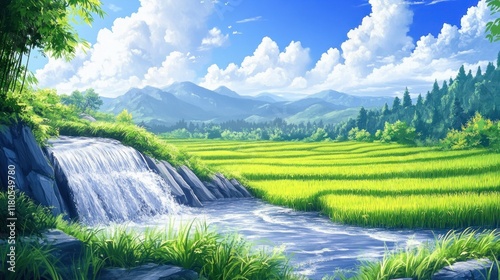 Serene waterfall cascading into lush green rice paddy fields under a vibrant sky.