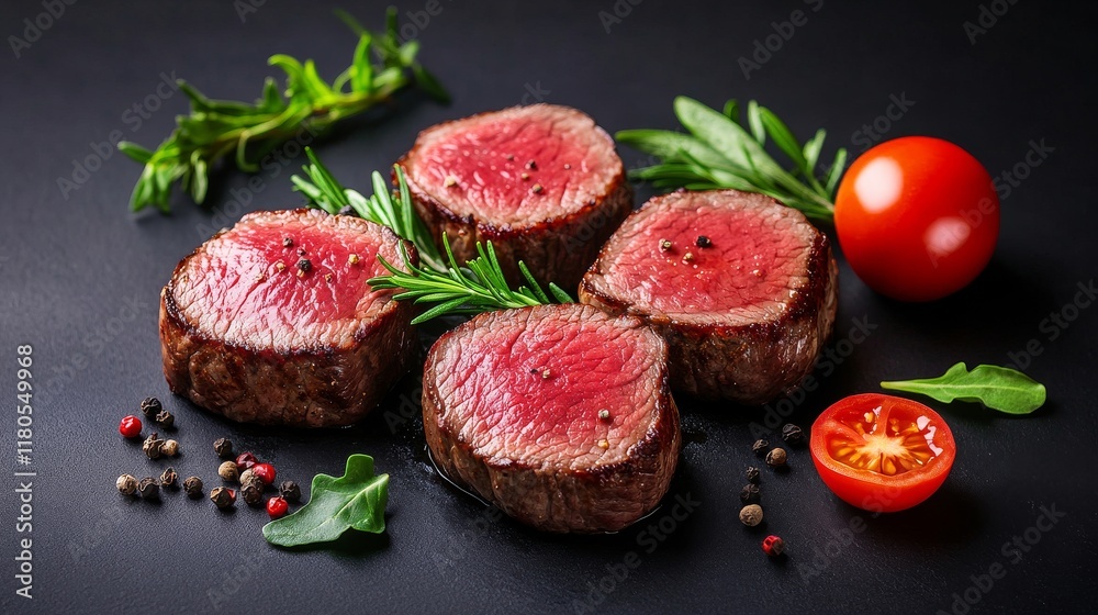 grilled beef fillet steaks with herbs and spices on a dark background. top view barbecue dry aged wagyu entrecote beef steak with lettuce and tomatoes grilled beef fillet steaks with herbs and spices on a dark background. top view barbecue dry aged wagyu entrecote beef steak with lettuce and tomatoes