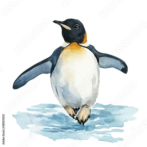 A watercolor painting of a penguin sliding on ice, isolated on a white background. Penguin ice vector.
