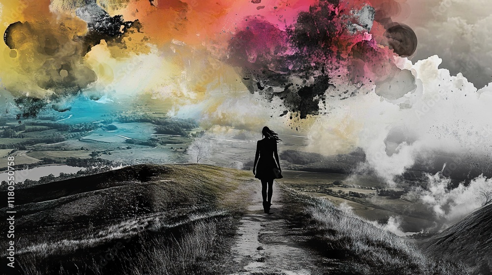 Obraz premium A Woman's Journey: Surreal Landscape of Dreams and Emotions