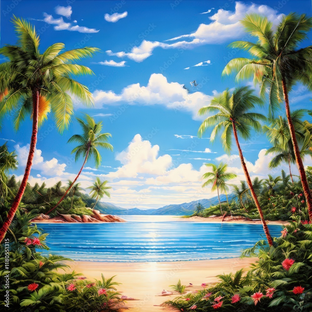 Fototapeta premium the AI Image Generator, Tropical Beach With Palm Trees and Stunning Blue Sky