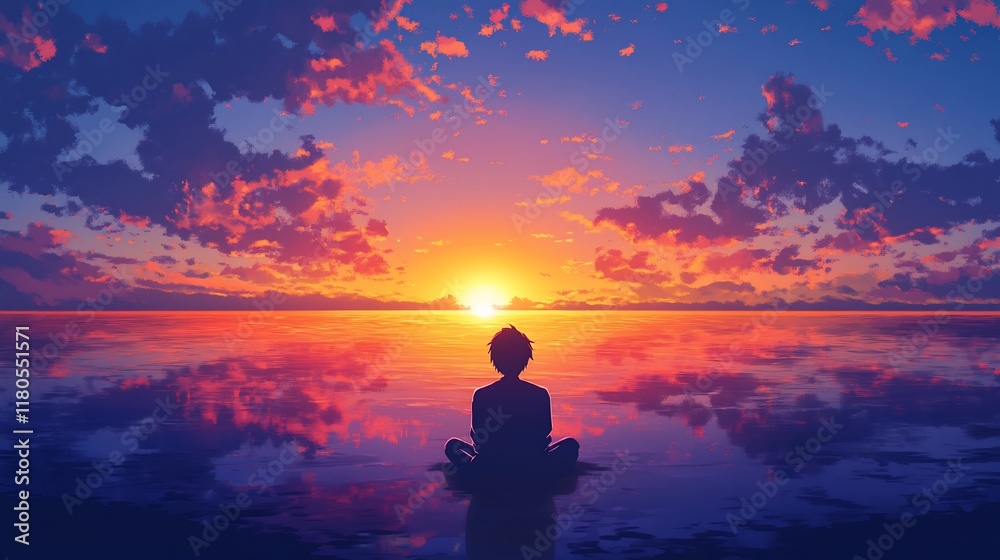 Obraz premium Serene sunset meditation by the ocean.