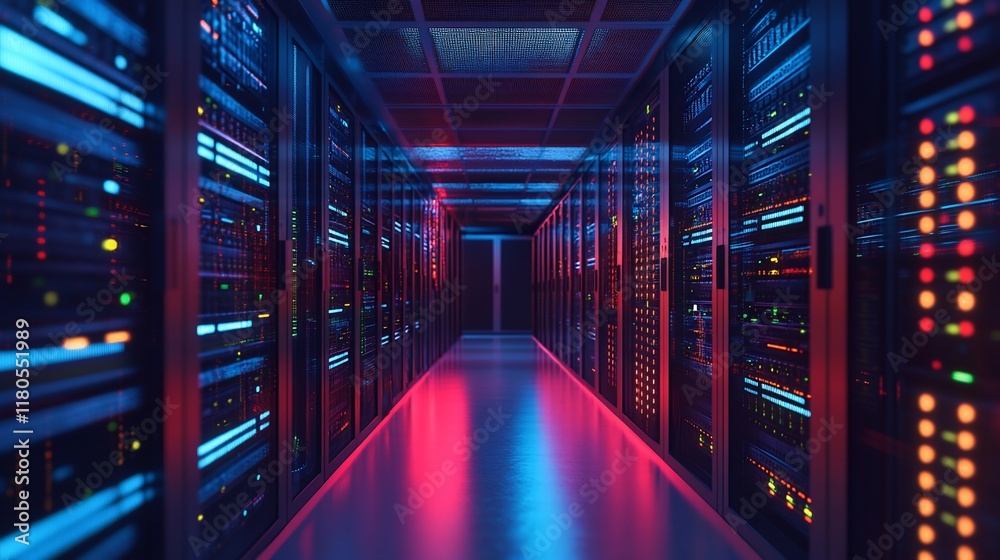 Server room with rows of network servers lit with blue and red lights. Server room with rows of network servers lit with blue and red lights.