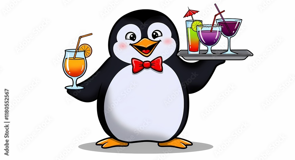Obraz premium Cheerful Penguin Bartender Serving Colorful Tropical Cocktails on Tray