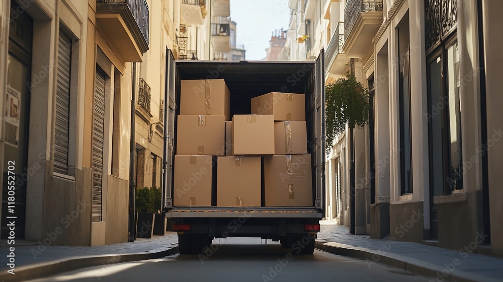Cardboard boxes in delivery truck's open back, parked in narrow city street. Cardboard boxes in delivery truck's open back, parked in narrow city street.