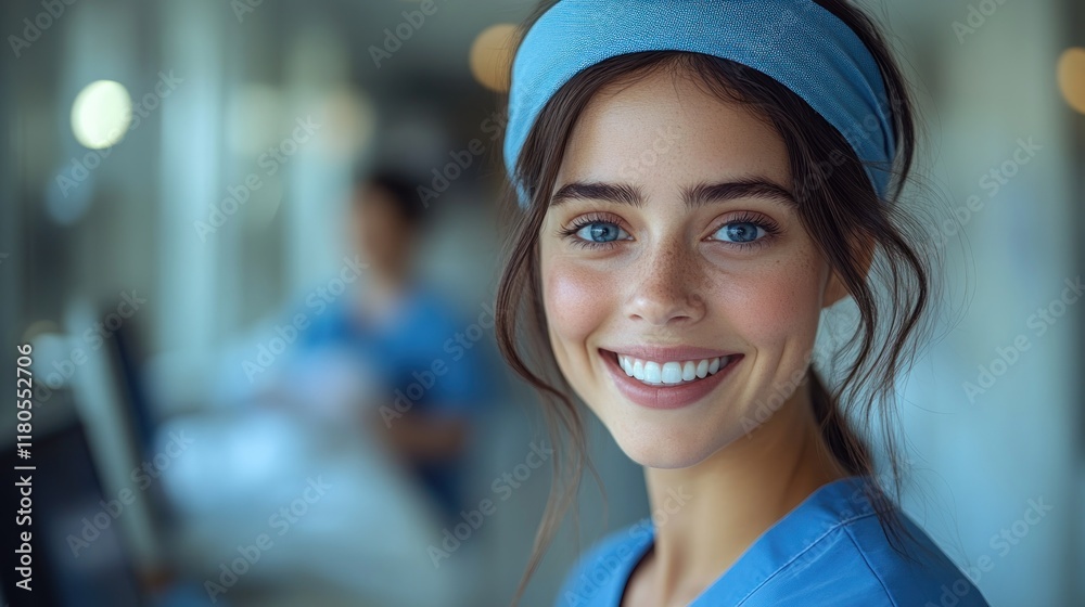 Fototapeta premium Smiling healthcare worker in scrubs, conveying warmth and professionalism.