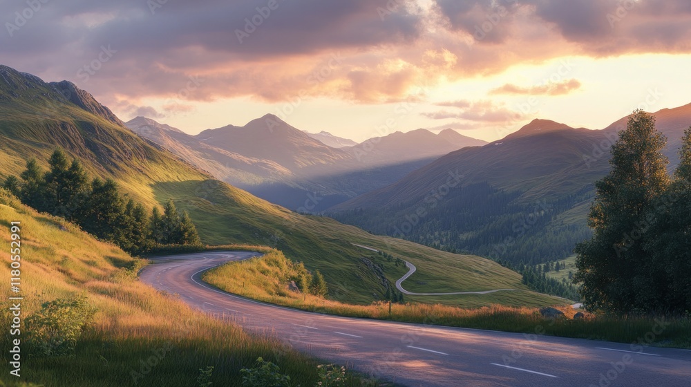 Scenic winding road through mountain valley at sunset. Scenic winding road through mountain valley at sunset.