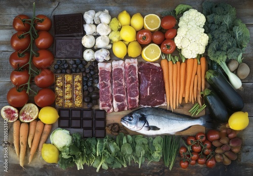 Fresh and Colorful Arrangement of Vegetables, Fruits, Fish, and Meat on Wooden Background for Kitchen or Grocery Use