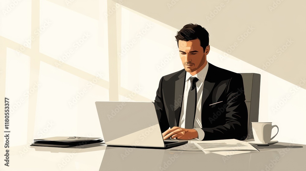 Businessman working on laptop at desk in modern office. Businessman working on laptop at desk in modern office.