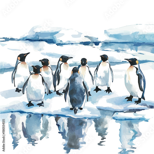 A watercolor painting of a penguin colony on the ice, isolated on a white background. Penguin colony ice vector.
