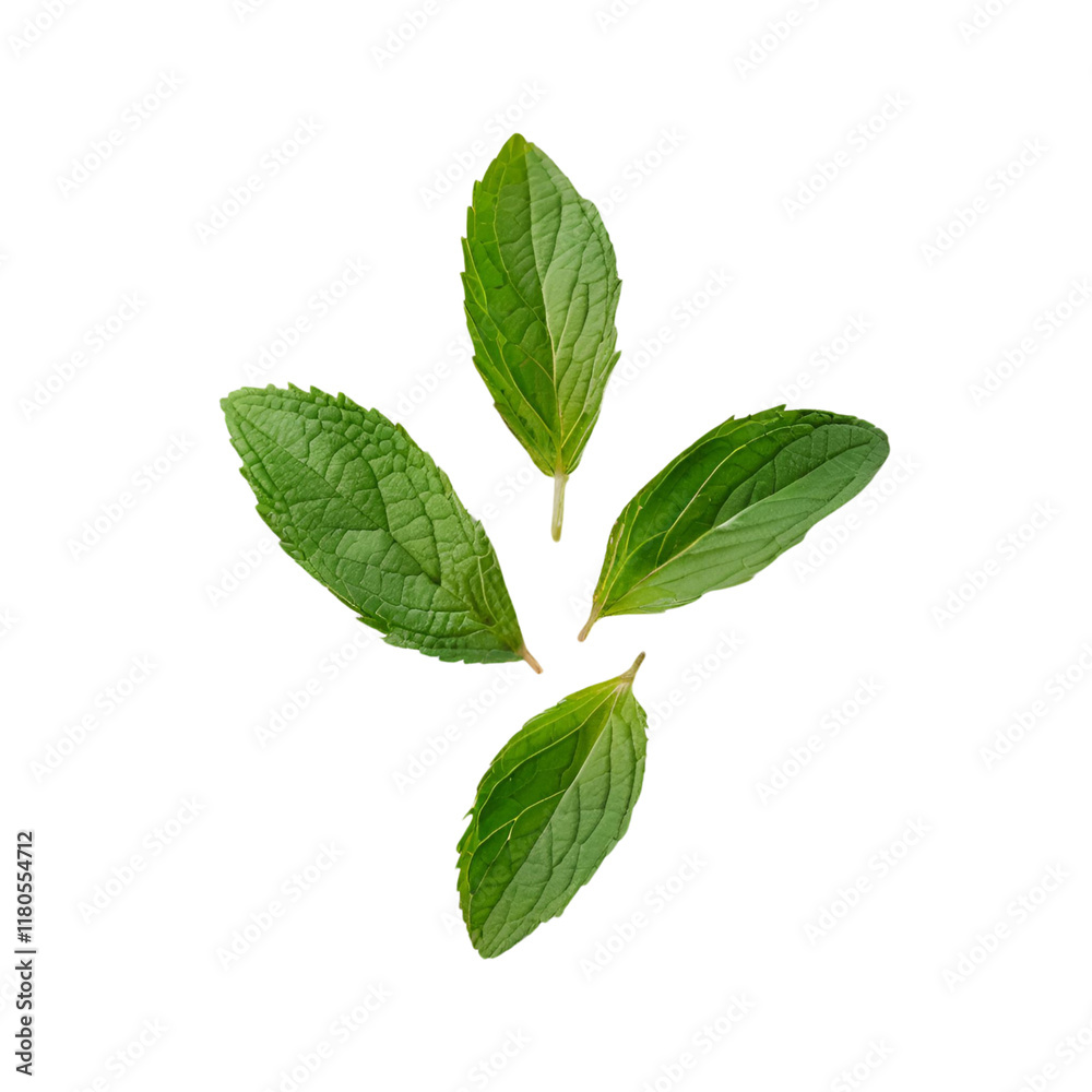 Fototapeta premium There are a few mint leaves visible on a white backdrop.