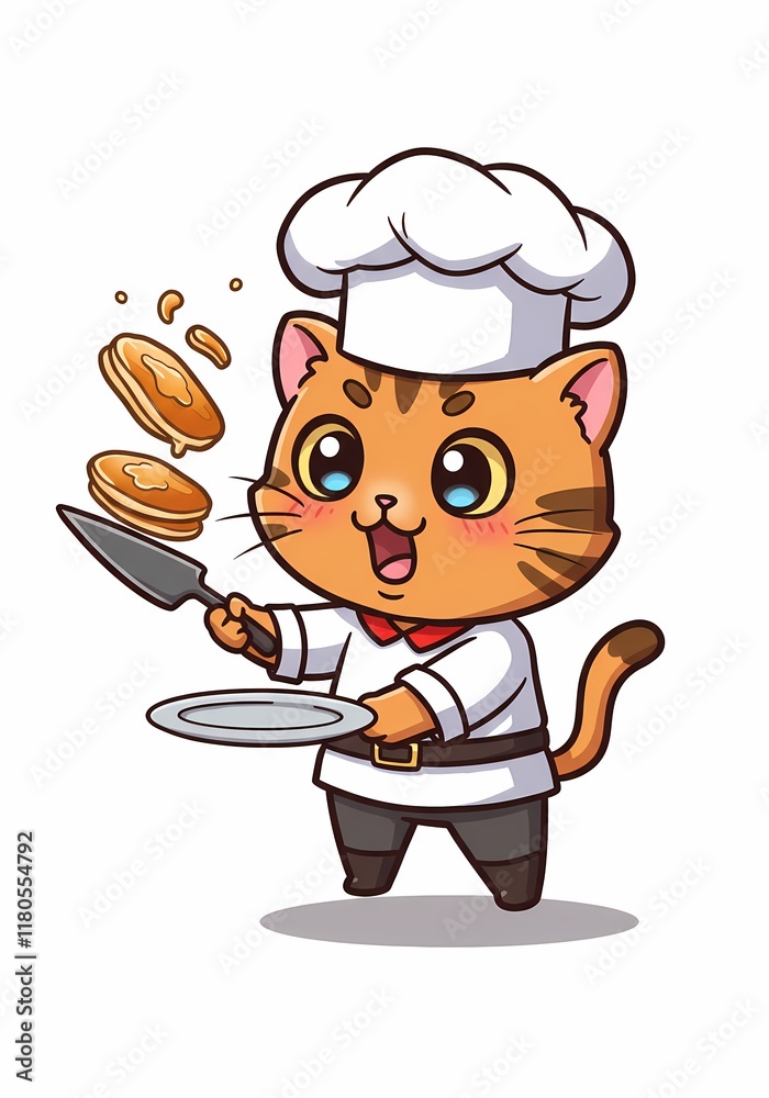 Adorable Cartoon Cat Chef Tossing Pancakes Cute Culinary Illustration Adorable Cartoon Cat Chef Tossing Pancakes Cute Culinary Illustration