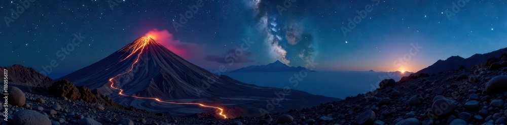 Fototapeta premium El Teide volcano, starry night sky, long exposure, star trails, starry night, landscape photography