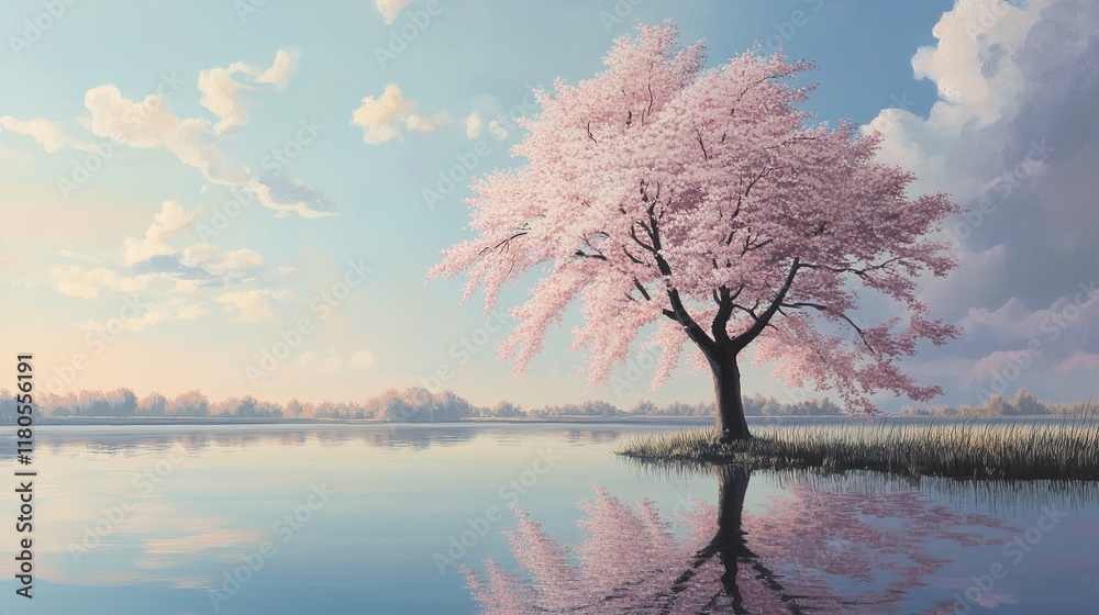 Pink Tree by the Lake: A Serene Landscape Pink Tree by the Lake: A Serene Landscape