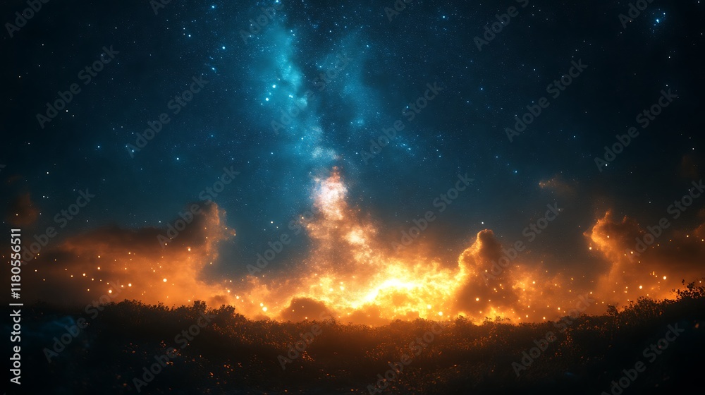 Fototapeta premium Night sky, stars, galaxy, clouds, fire, landscape.