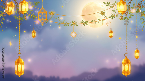 Arabic traditional Ramadan Kareem.,Eidul fitur Muslim ornamental hanging golden lanterns, stars and moon vector illustration set. Islamic oriental style  photo