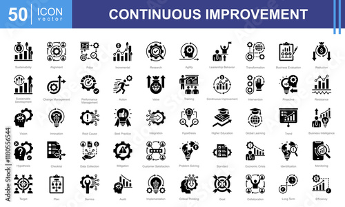 Continuous Improvement icon collection set. Containing business, evaluation, innovation, hypothesis, management, optimization, performance icon. Simple vector illustration.