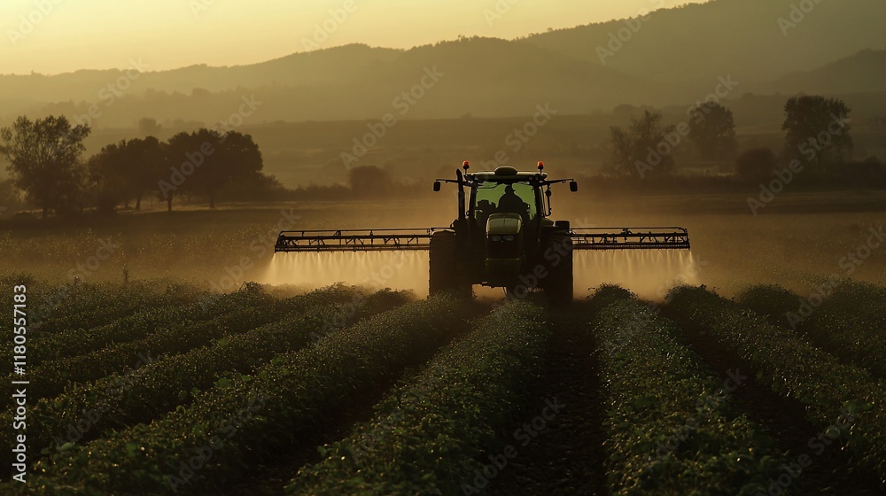 Fototapeta premium Tractor spraying crops at sunset. (1)