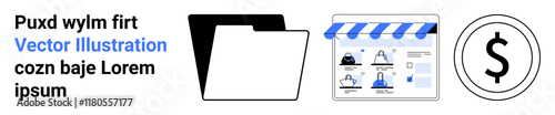Three main objects a file folder, an online storefront representation, and a dollar sign icon. Ideal for digital organization, e-commerce, financial management, online shopping, budgeting, web