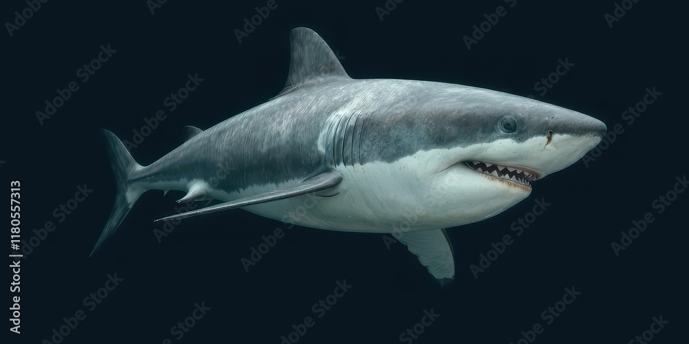 Naklejka premium Large great white shark isolated, swimming gracefully, sea, wild, shark