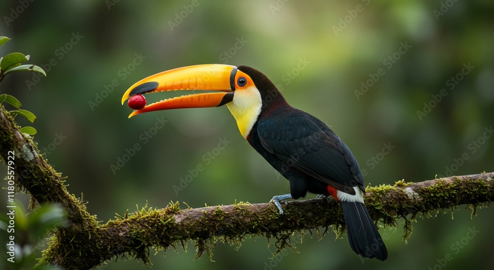Obraz premium Colorful Toucan Bird Eating Berry on Mossy Branch in Rainforest