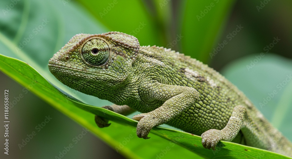 Fototapeta premium Green Chameleon on Leaf Reptile Wildlife Nature Photography