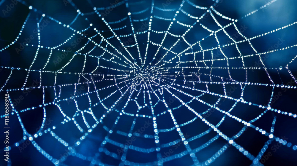 Obraz premium Intricate spider web glistening with dew drops, creating mesmerizing pattern in light. delicate structure showcases nature artistry and beauty