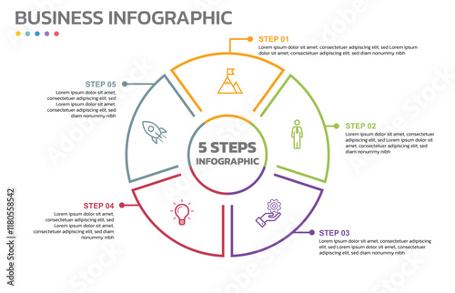 Visual data presentation. Cycle diagram with 5 options. Pie Chart Circle thin line infographic template with 5 steps, options, parts, segments. Business concept. Editable pie chart with sectors.
