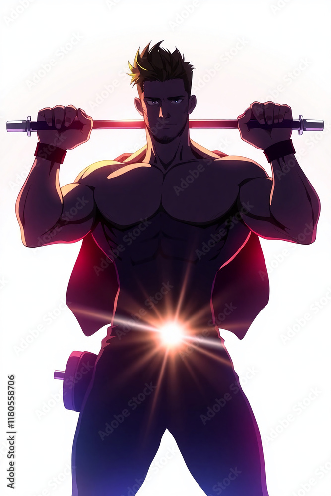 AI generative. Fitness illustration of muscle cartoon man fitness posing with barbell with neon glow effect of man figure on white background. 12 AI generative. Fitness illustration of muscle cartoon man fitness posing with barbell with neon glow effect of man figure on white background. 12