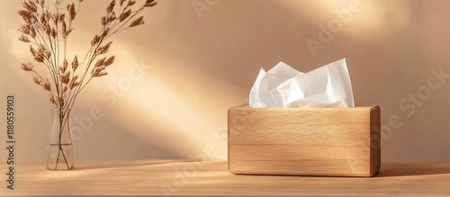 Wooden tissue box with dried flowers on a table.