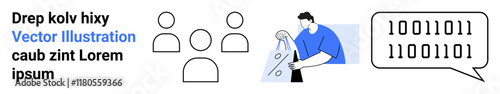 Wallpaper Mural Three outline figures represent teamwork, an individual coding on a computer, and a thought bubble with binary code. Ideal for teamwork, coding, programming, software development, collaboration Torontodigital.ca